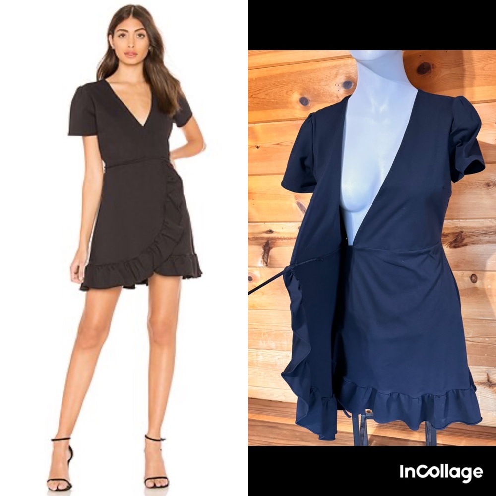 DONNA MIZANI Helena Wrap Dress in Black ruffle, mini short sleeve cocktail Small